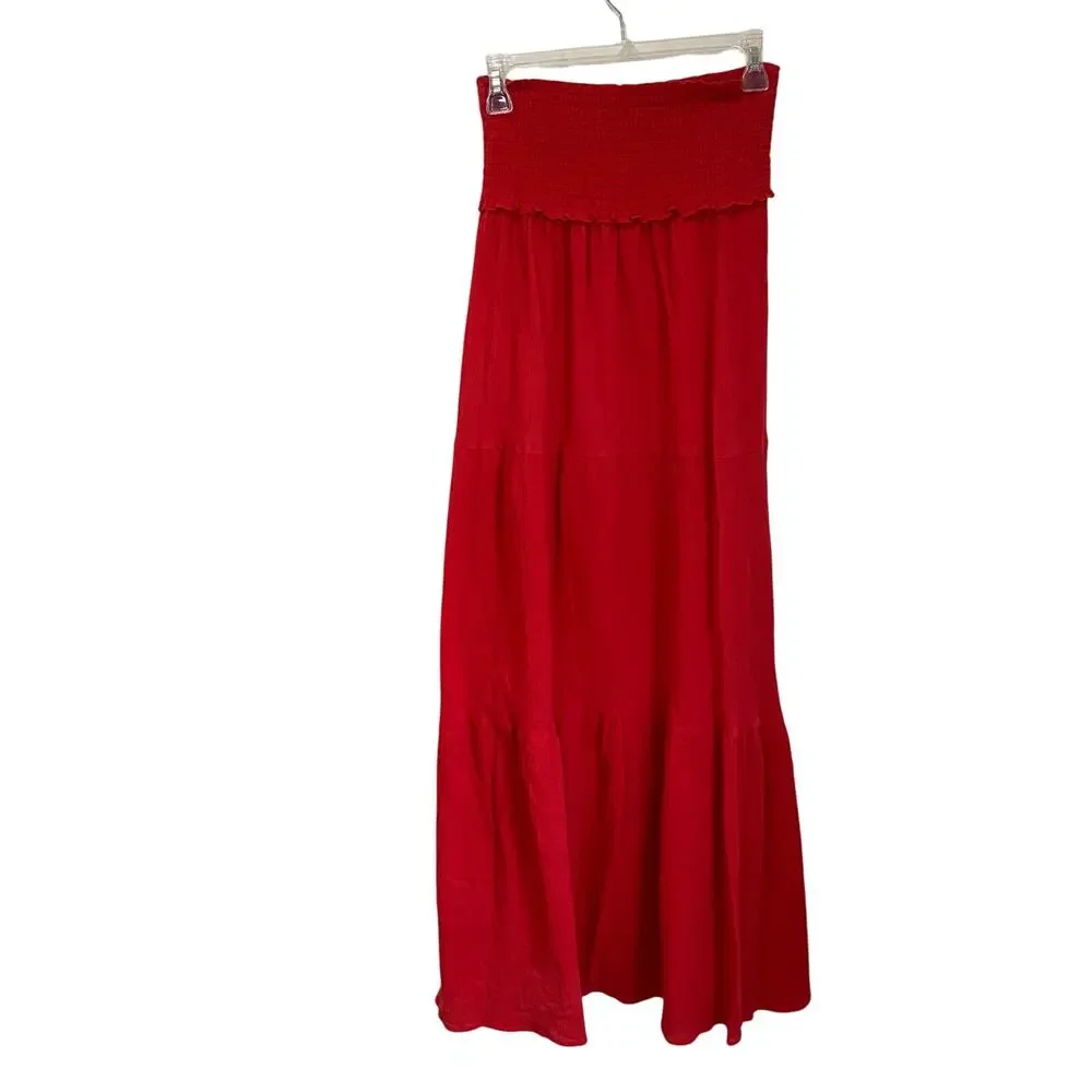 Boston Proper Red Maxi Skirt Size XS Smocked Waist Boho Resort Vacation Chic - Picture 2 of 6